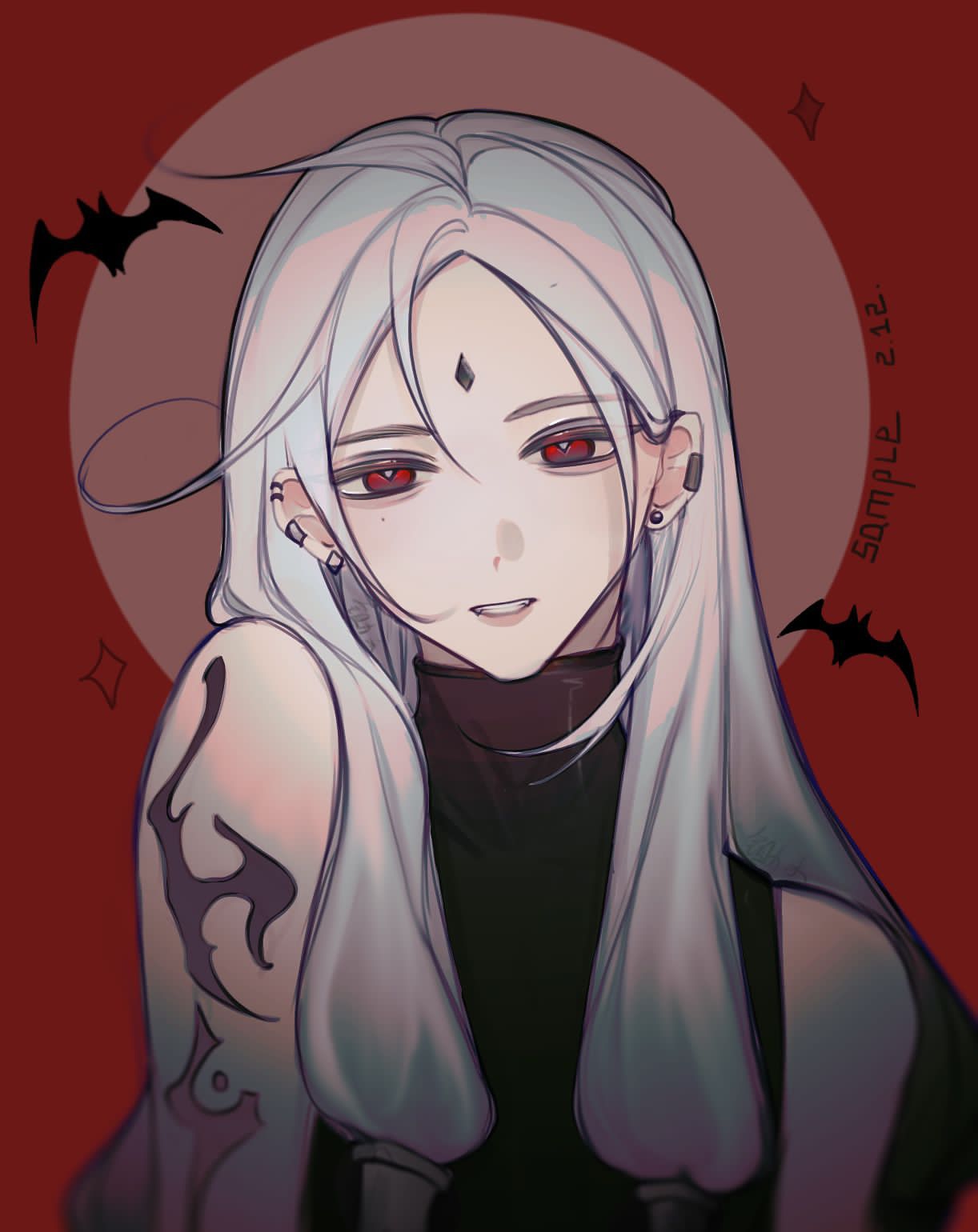 1girl, arm_tattoo, bat_wings, ear_piercing, facial_mark, forehead_mark, grey_hair, highres