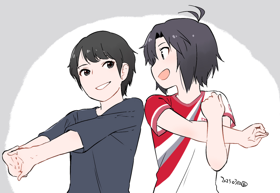 2girls, animification, antenna_hair, black_eyes, black_hair, black_shirt, commentary, hirata_hiromi