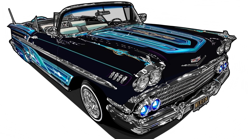 black_car, car, chevrolet, chevrolet_impala, convertible, highres, kaizou-sha_no_illust_bot, license_plate