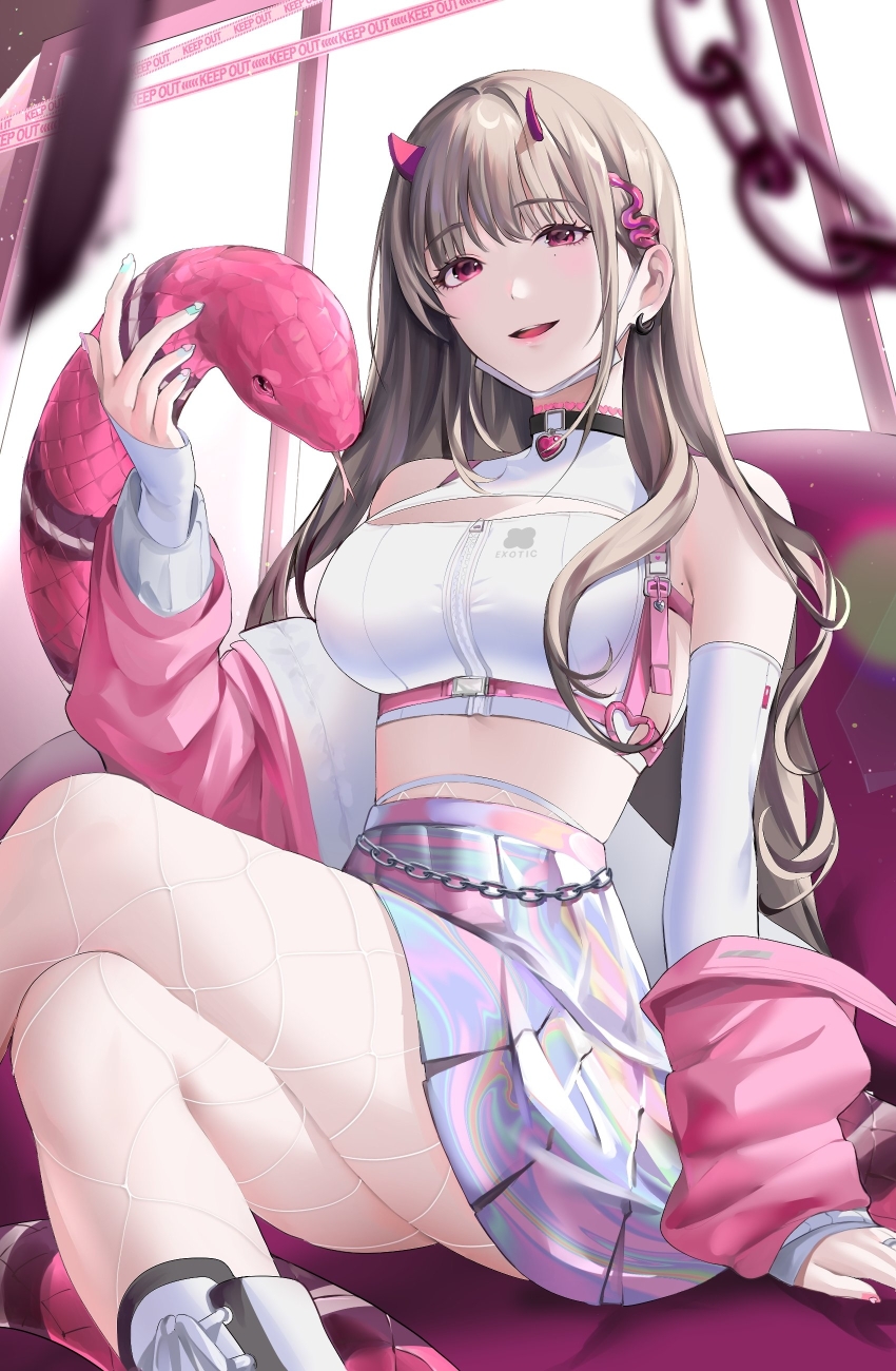 1girl, absurdres, bare_shoulders, blush, breasts, chain, chest_harness, cleavage, couch, elbow_gloves, fingerless_gloves, fishnet_pantyhose, fishnets, gloves, goddess_of_victory:_nikke, harness, heart_collar, heart_pendant, highres, holding, iridescent_clothes, horns, indoors, iridescent, jihya, large_breasts, light_brown_hair, lips, looking_at_viewer, mask, mask_pull, mouth_mask, nail_polish, pantyhose, red_eyes, snake, solo, teeth, viper_(nikke), white_gloves, white_mask, zipper, zipper_pull_tab