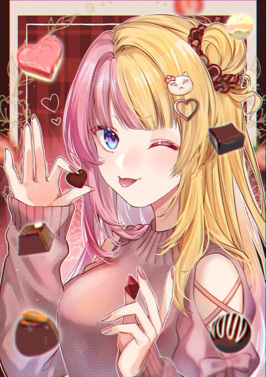 1girl, blonde_hair, blue_eyes, blunt_bangs, breasts, candy, chocolate, chocolate_heart