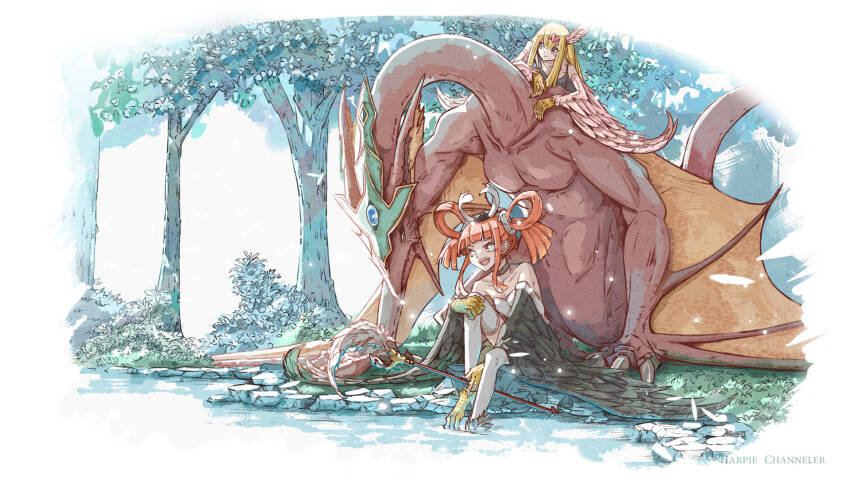 2girls, armored_animal, bare_shoulders, blonde_hair, blue_eyes, character_name, dragon, riding_dragon, dress, duel_monster, feathered_wings, grass, hair_ornament, hair_rings, harpie's_pet_dragon, harpie_channeler, harpie_girl_(yu-gi-oh!), harpy, heart, heart_hair_ornament, highres, holding, holding_staff, monster_girl, multiple_girls, orange_eyes, orange_hair, outdoors, pond, staff, tamago_(xyxk3743), tree, winged_arms, wings, yu-gi-oh!