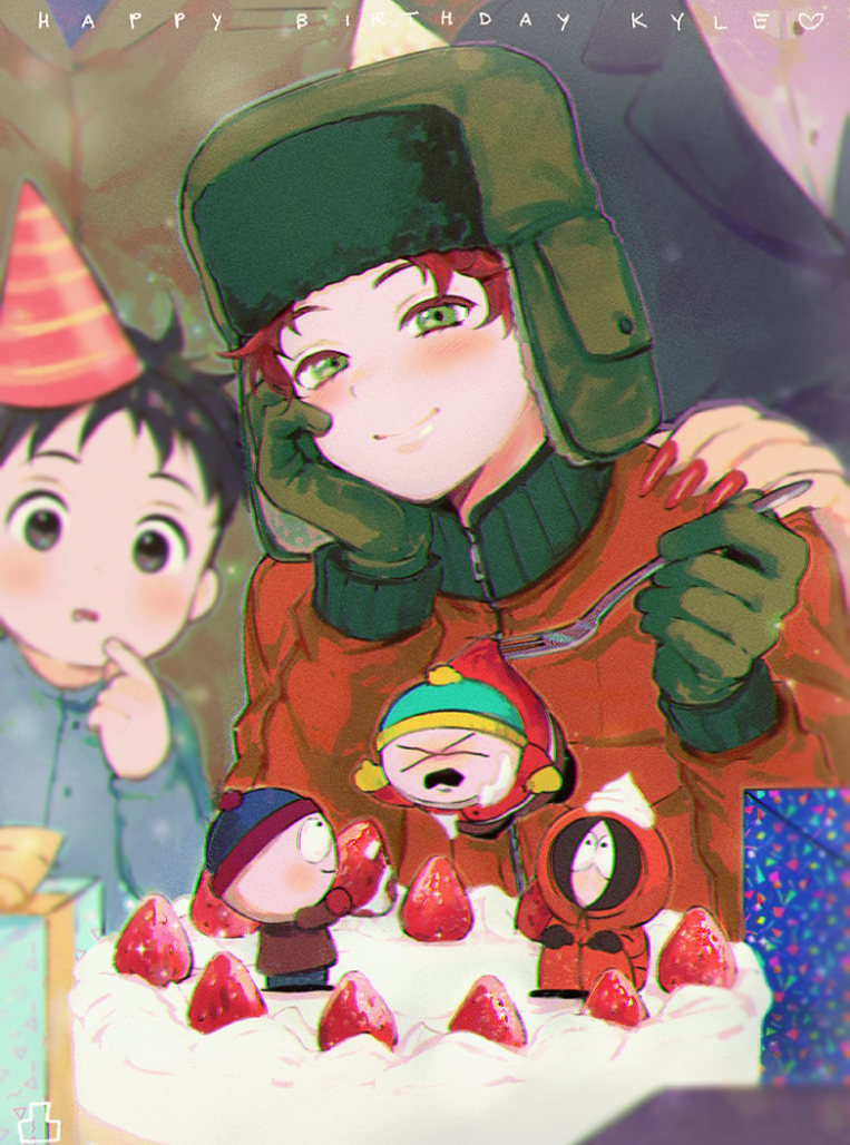 1girl, 6+boys, animification, berry, black_hair, blush, cake, chibi, eric_cartman, food, fork, gerald_broflovski, gloves, green_eyes, green_gloves, green_headwear, happy_birthday, hat, holding, holding_fork, ike_broflovski, kenny_mccormick, kyle_broflovski, multiple_boys, nail_polish, pantygnomes, party_hat, red_hair, sheila_broflovski, smile, south_park