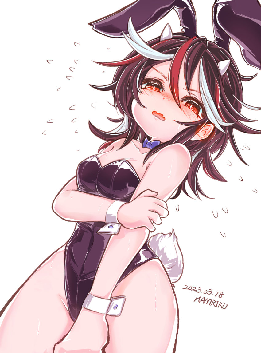 1girl, animal_ears, artist_name, bare_shoulders, black_hair, black_leotard, blush, cowboy_shot