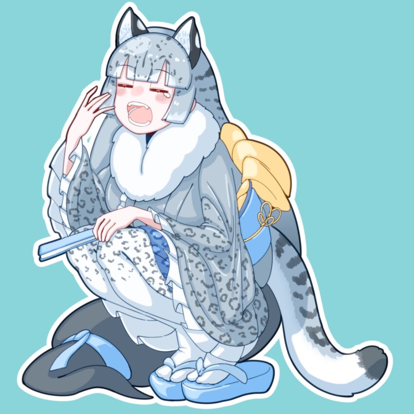 1girl, absurdres, animal_ears, animal_print, belt, blue_belt, blue_sandals, blush