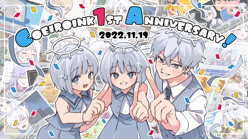 1boy, 2girls, anniversary, bangle, bare_shoulders, blunt_ends, bob_cut, border