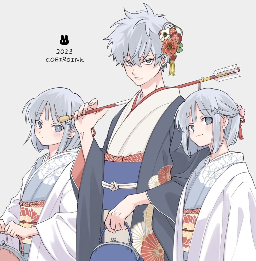 1boy, 2023, 2girls, arrow_(projectile), bag, blunt_ends, bright_pupils, closed_mouth