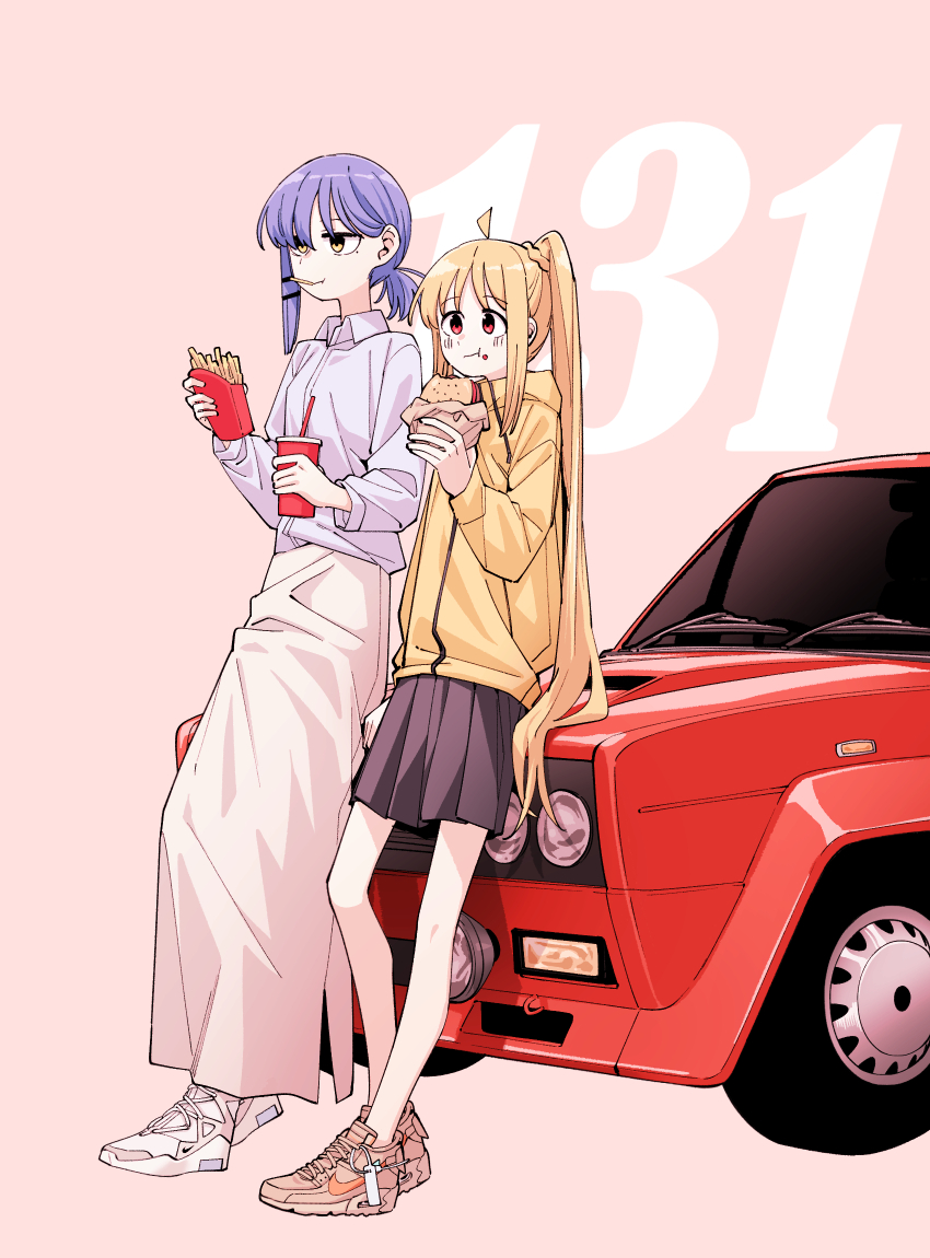 2girls, :t, ahoge, asymmetrical_hair, blonde_hair, bocchi_the_rock!, burger, car, closed_mouth, cup, disposable_cup, eating, fiat_131_abarth, food, food_on_face, french_fries, full_body, grey_shirt, highres, holding, holding_food, hood, hood_down, hooded_jacket, ijichi_nijika, jacket, leaning_back, leaning_on_object, long_hair, long_skirt, miniskirt, mole, mole_under_eye, motor_vehicle, mouth_hold, multiple_girls, neonfloyd, nike_(company), pink_background, ponytail, purple_hair, race_vehicle, racecar, rally_car, red_car, shadow, shirt, shoes, sidelocks, skirt, sneakers, standing, white_skirt, yamada_ryo, yellow_jacket
