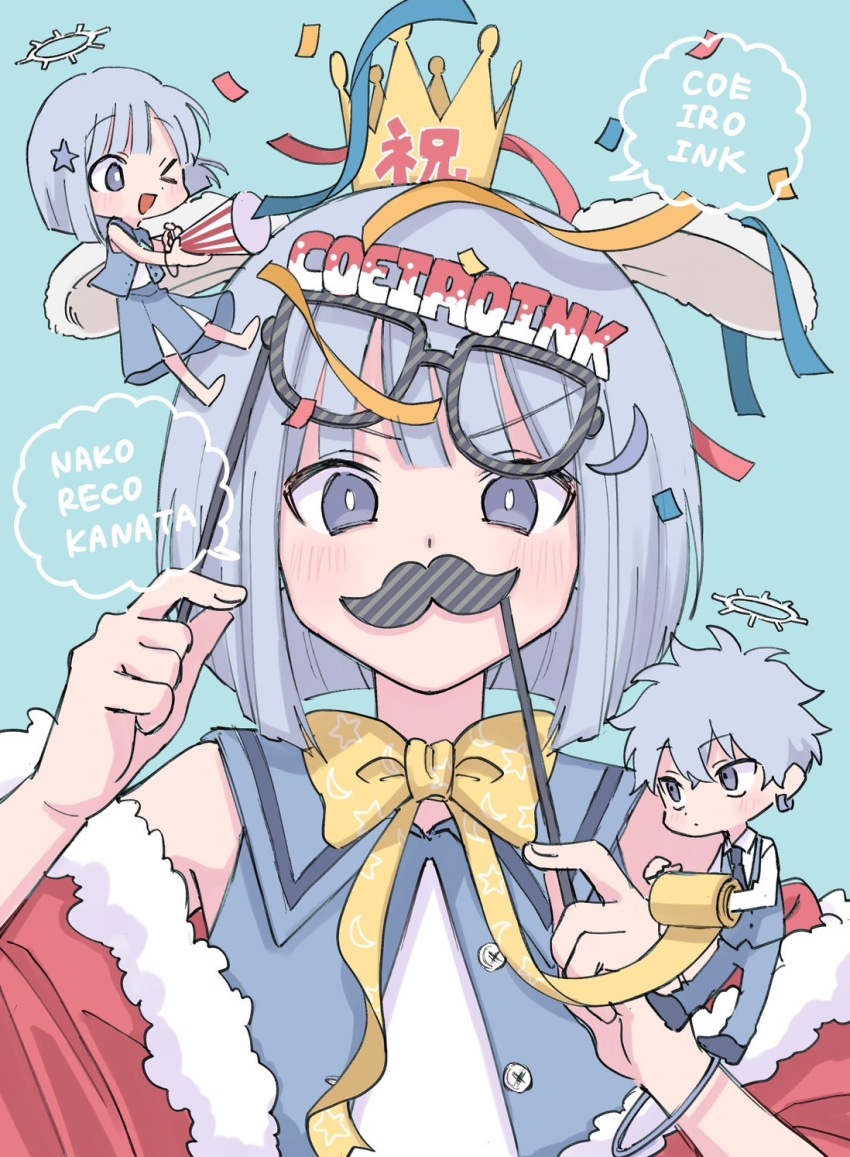 >_o, 1boy, 2girls, animal_ears, anniversary, bangle, bare_shoulders, blue_background