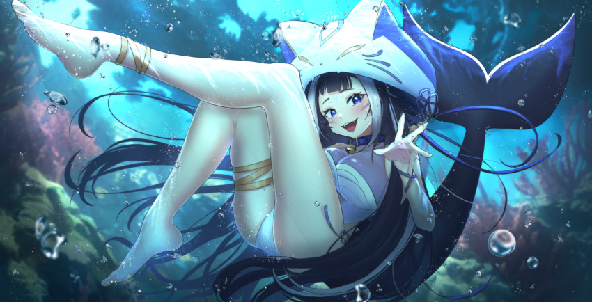 1girl, :d, air_bubble, animal_hood, arata_haru, barefoot, belt_collar, black_hair