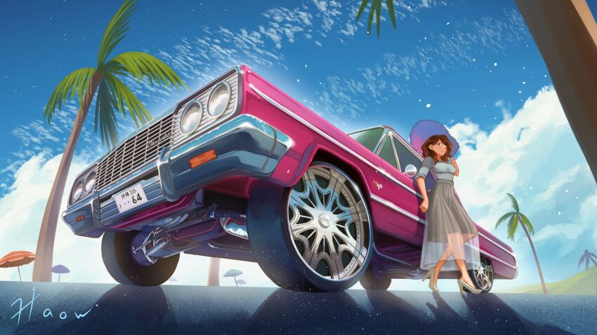 1girl, artist_name, beach_umbrella, breasts, brown_eyes, brown_hair, car, chevrolet