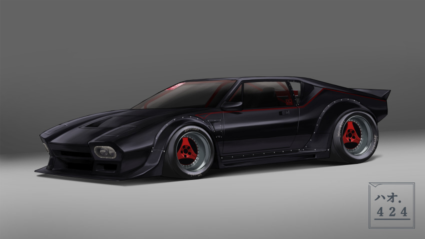 black_car, car, commentary, de_tomaso_pantera, english_commentary, from_side, grey_background, haow