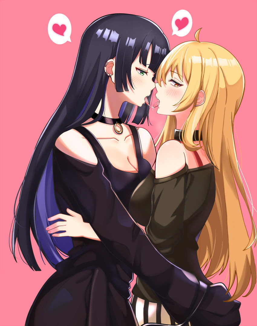 2girls, absurdres, after_kiss, ahoge, black_hair, blonde_hair, blush, bocchi_the_rock!, breasts, chin_piercing, cleavage, collarbone, colored_inner_hair, face_piercing, goth_fashion, heart, highres, ijichi_seika, labret_piercing, long_hair, looking_at_viewer, manakaze, medium_breasts, multicolored_hair, multiple_girls, off_shoulder, pa-san, piercing, purple_hair, saliva, saliva_trail, spoken_heart, tongue_piercing, yuri
