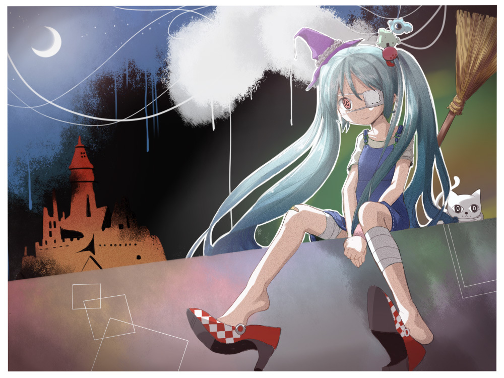 1girl, aqua_hair, bandages, broom, castle, cat, crescent_moon, eyepatch