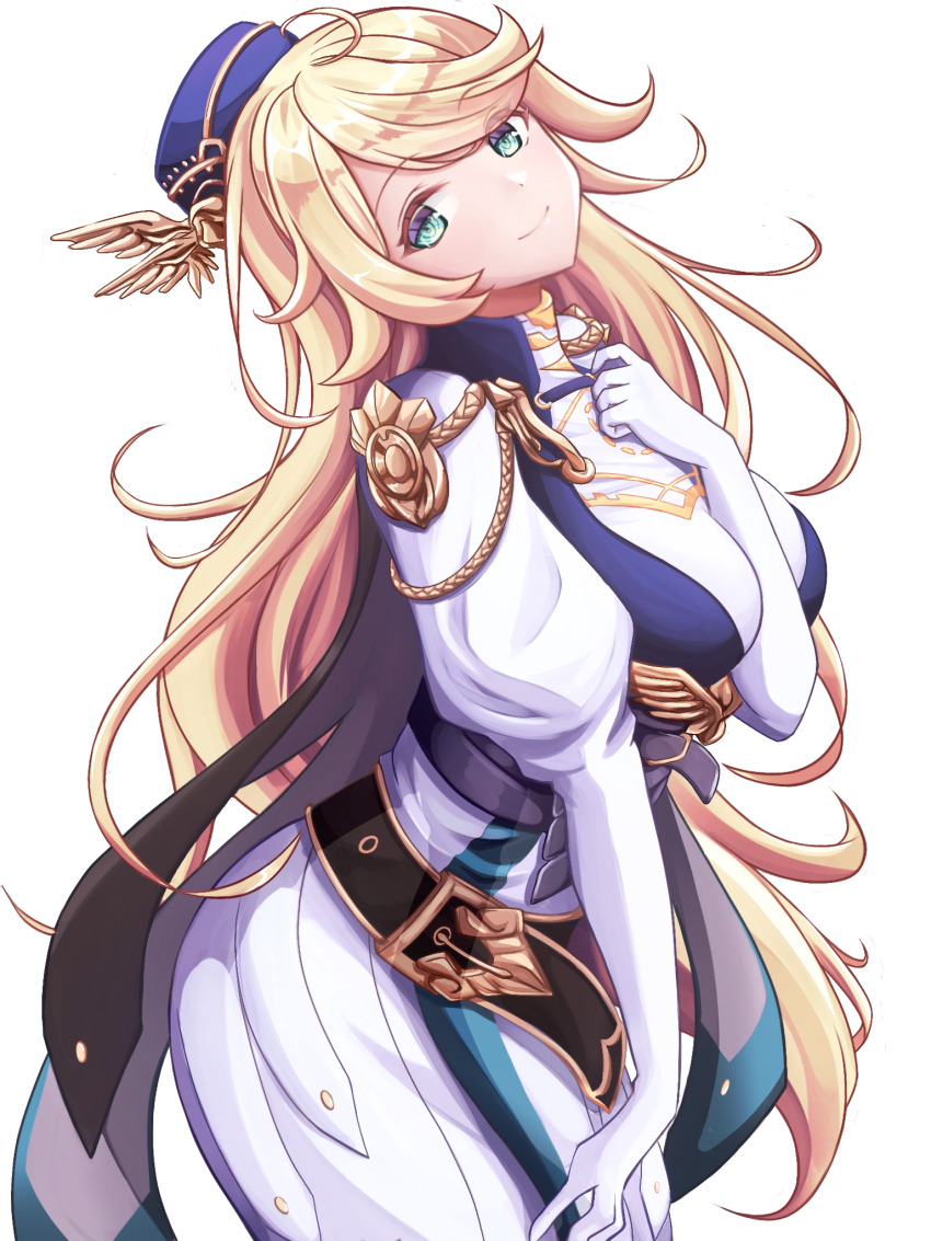 1girl, arm_between_breasts, belt, between_breasts, blonde_hair, breasts, cowboy_shot, dress, duel_masters, duel_masters_play's, elbow_gloves, elena_(duel_masters), gloves, green_eyes, hair_ornament, hand_on_own_chest, hat, head_tilt, highres, juliet_sleeves, large_breasts, long_hair, long_sleeves, puffy_sleeves, rikiddo_(tise_00), simple_background, solo, white_background, wing_hair_ornament