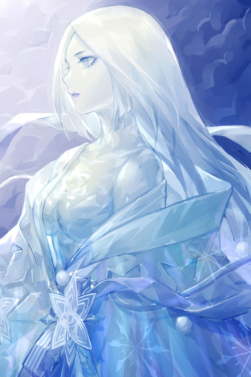 1girl, absurdres, blue_background, blue_eyes, blue_skin, blue_theme, body_markings, breasts, cleavage, cloud, colored_skin, crystal_skin, from_side, highres, ice, japanese_clothes, kimono, looking_away, medium_breasts, molin, off_shoulder, one_breast_out, onmyoji, parted_lips, pom_pom_(clothes), profile, semigoori_yuki_onna, shawl, sidelocks, snowflake_ornament, solo, upper_body, white_hair, white_kimono, yuki_onna_(onmyoji)