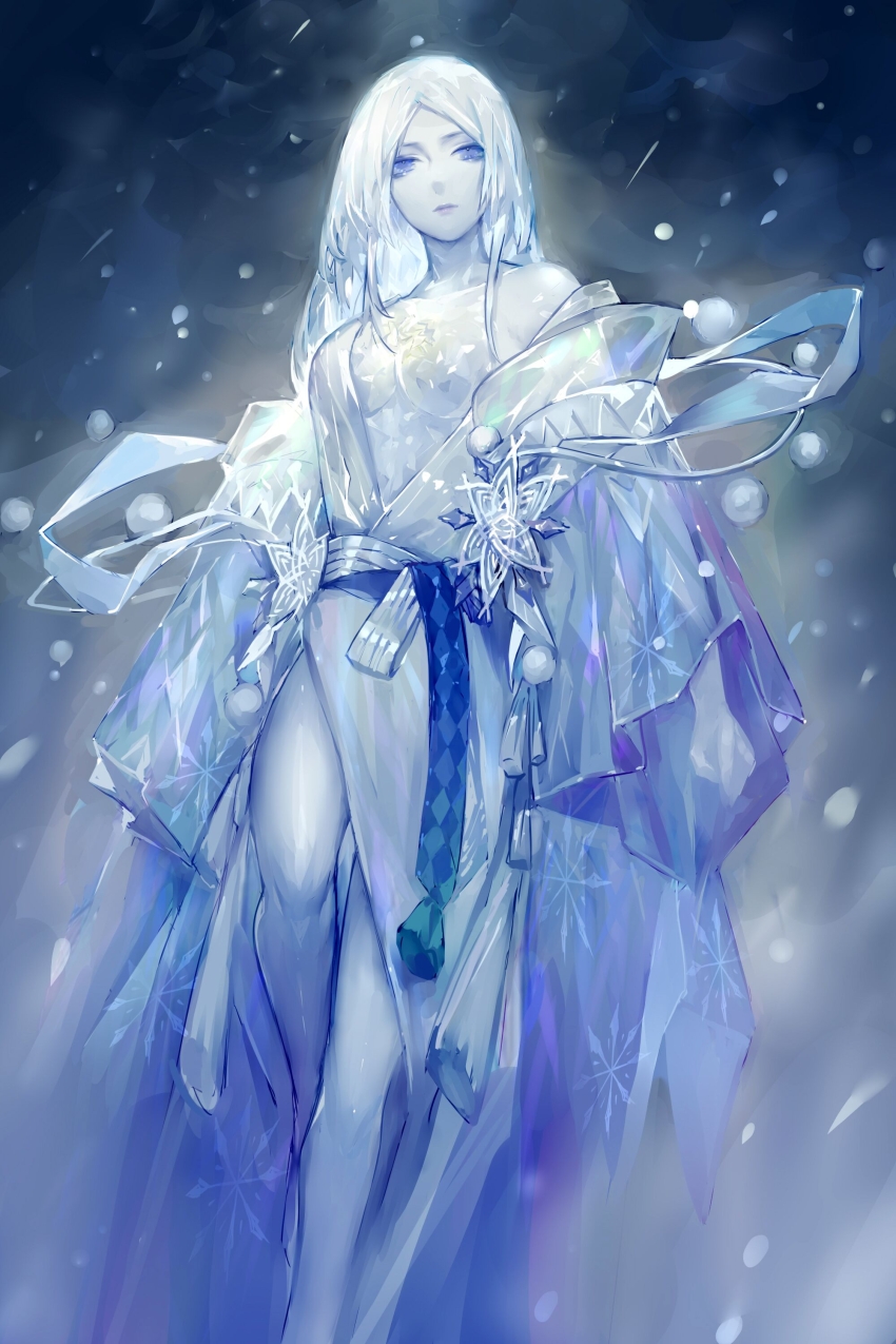 1girl, absurdres, blue_eyes, blue_skin, blue_theme, breasts, cleavage, closed_mouth, colored_skin, cracked_skin, crystal_skin, feet_out_of_frame, highres, ice, japanese_clothes, kimono, large_breasts, long_sleeves, looking_at_viewer, loose_clothes, medium_breasts, molin, no_nipples, off_shoulder, one_breast_out, onmyoji, semigoori_yuki_onna, shawl, snowflake_ornament, snowing, solo, standing, standing_on_one_leg, white_hair, white_kimono, yuki_onna, yuki_onna_(onmyoji)
