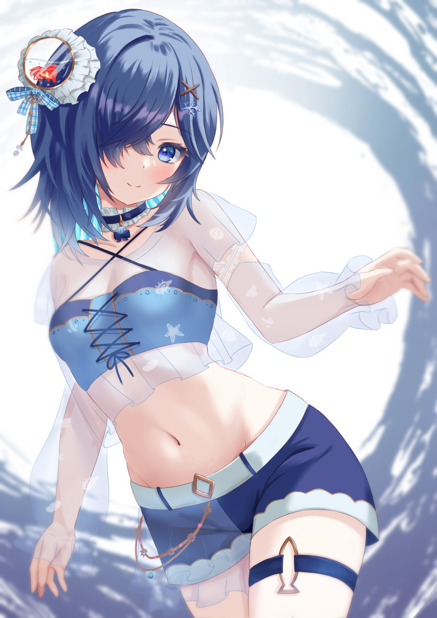 1girl, absurdres, aquarium, blue_bow, blue_bowtie, blue_choker, blue_eyes, blue_hair