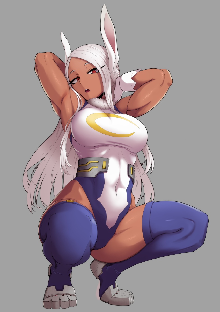 1girl, :o, absurdres, animal_ears, armpits, arms_behind_head, arms_up, bare_shoulders, boku_no_hero_academia, breasts, covered_navel, crescent_print, dark-skinned_female, dark_skin, full_body, fur_collar, gloves, grey_background, highleg, highleg_leotard, highres, ishikoro_1450, large_breasts, leotard, long_eyelashes, long_hair, looking_at_viewer, mirko, parted_bangs, purple_thighhighs, rabbit_ears, rabbit_girl, red_eyes, sleeveless_turtleneck_leotard, solo, spread_legs, squatting, taut_leotard, teeth, thick_thighs, thighhighs, thighs, tiptoes, toned, upper_teeth_only, white_gloves, white_hair, white_leotard