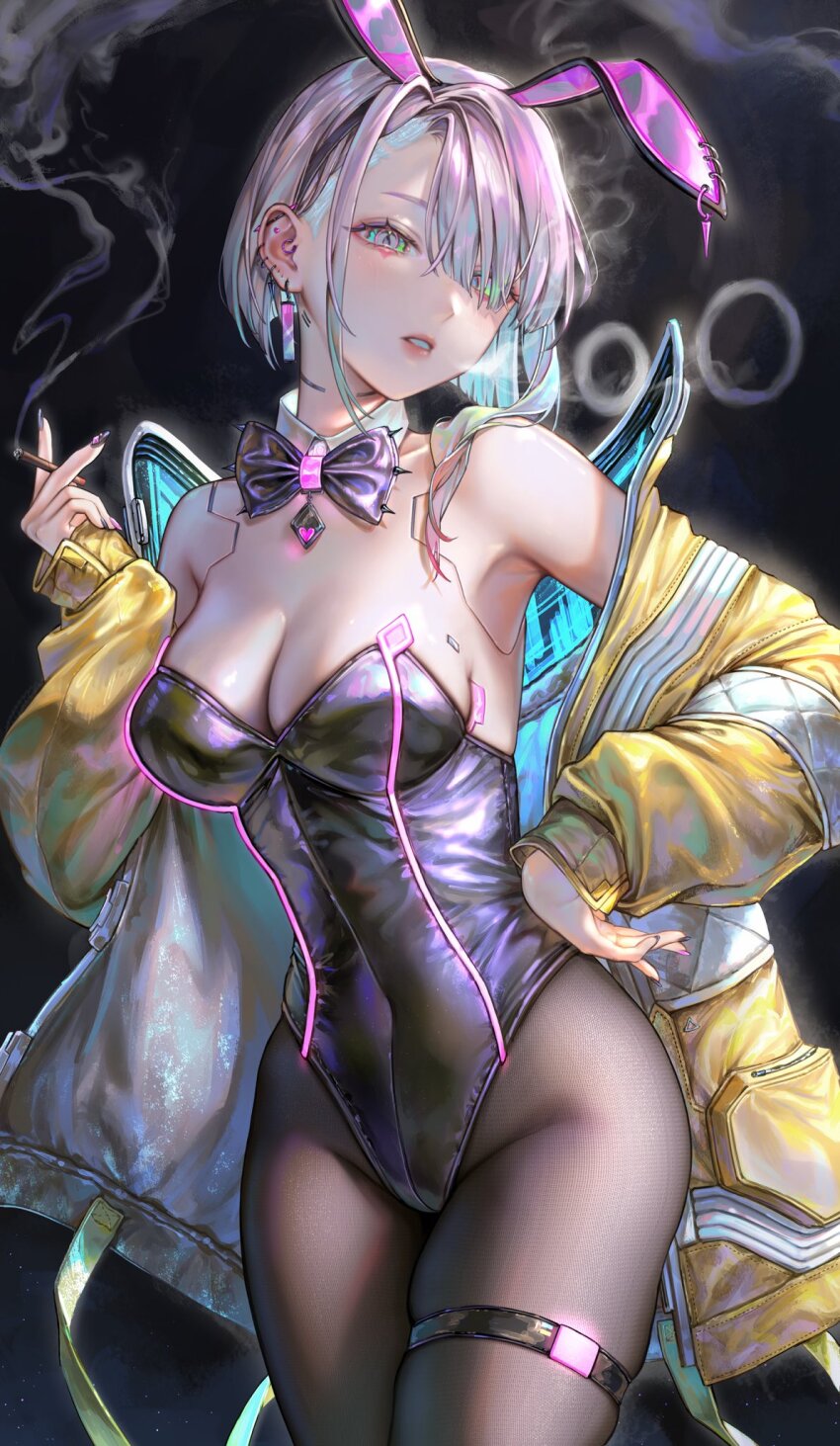 1girl, animal_ears, armpits, asymmetrical_bangs, belt, black_background, black_leotard, black_nails, black_pantyhose, bow, bowtie, breasts, cigarette, cleavage, commentary, cowboy_shot, cyberpunk, cyberpunk_(series), cyberpunk:_edgerunners, detached_collar, earrings, fake_animal_ears, grey_hair, groin, hair_over_one_eye, hand_on_own_hip, highres, holding, holding_cigarette, jacket, jewelry, leotard, looking_at_viewer, lucy_(cyberpunk), medium_breasts, multicolored_eyes, off_shoulder, open_clothes, open_jacket, pantyhose, parted_lips, playboy_bunny, purple_bow, purple_bowtie, rabbit_ears, short_hair, sideboob, smoke, smoke_ring, smoking, solo, strapless, strapless_leotard, stud_earrings, untranslatable_commentary, tamaki_(tamaki599), teeth, thigh_belt, thigh_strap