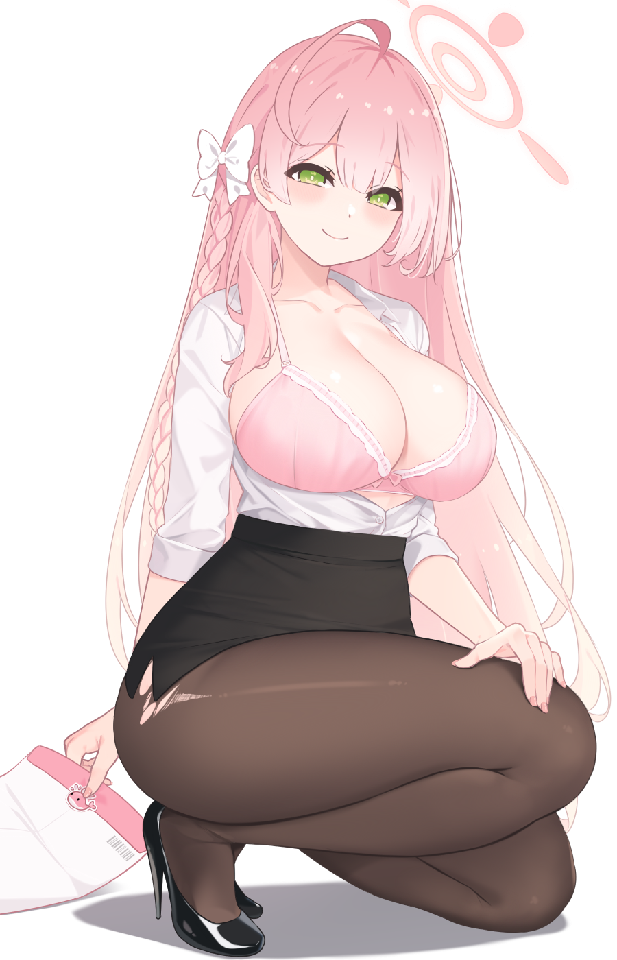 1girl, ahoge, animal_print, barcode, black_footwear, black_skirt, blue_archive, blush, bow, bow_bra, bra, braid, breasts, brown_pantyhose, cleavage, closed_mouth, collarbone, collared_shirt, commentary, envelope, fingernails, fish_print, gradient_hair, green_eyes, hair_bow, halo, hanako_(blue_archive), hand_on_own_leg, high_heels, highres, holding, holding_envelope, large_breasts, legs, long_hair, looking_at_viewer, multicolored_hair, nail_polish, office_lady, open_clothes, open_shirt, pantyhose, parsleyshrimp, pink_bow, pink_bra, pink_hair, pink_nails, raised_eyebrows, shirt, simple_background, single_braid, skirt, three-quarter_sleeves, smile, solo, sticker, thighs, torn_clothes, torn_pantyhose, unbuttoned, unbuttoned_shirt, underwear, whale_print, white_background, white_bow, white_shirt
