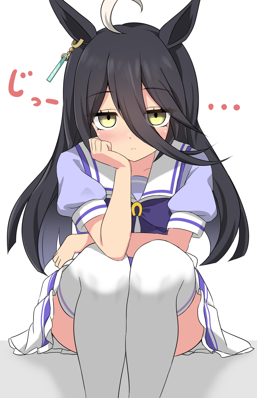 1girl, absurdres, ahoge, animal_ears, black_hair, blush, earrings, hair_between_eyes