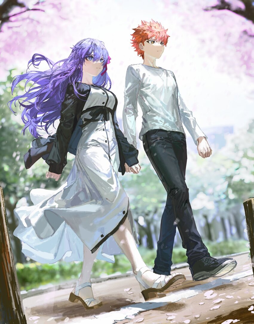 1boy, 1girl, blue_eyes, blurry, brown_eyes, cherry_blossoms, closed_mouth, coat, couple, denim, depth_of_field, dress, emiya_shirou, emiya_shirou_(heaven's_feel), fate/stay_night, fate_(series), full_body, heaven's_feel, highres, holding_hands, jeans, long_hair, matou_sakura, official_alternate_costume, orange_hair, pants, petals, purple_hair, quasarcake, ribbon, sandals, shirt, shoes, short_hair, sky, sneakers, tree, walking, white_shirt