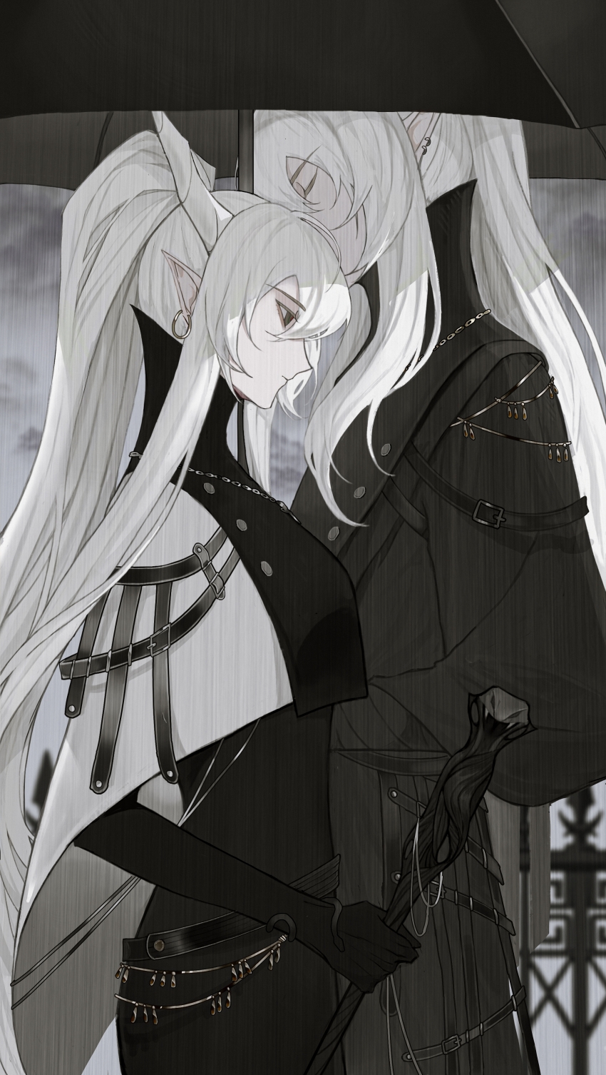 1boy, 1girl, absurdres, arknights, black_dress, black_gloves, black_jacket, blurry