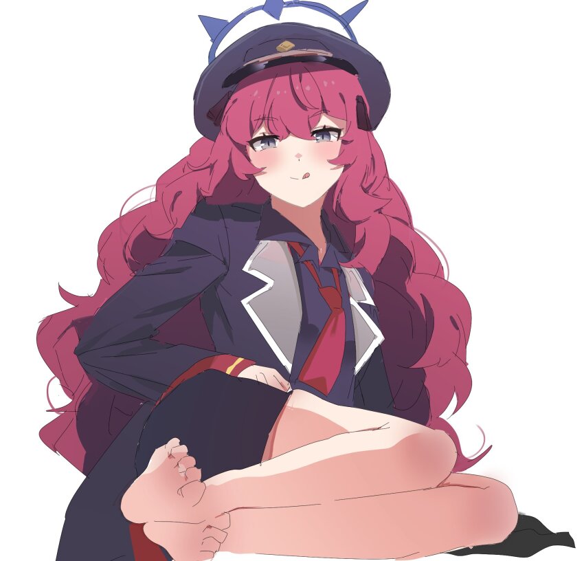 1girl, blue_archive, blue_shirt, halo, hat, highres, iroha_(blue_archive), long_hair, no_socks, red_hair, rimurimu, school_uniform, shirt, sitting, solo, tongue, tongue_out, very_long_hair, white_background