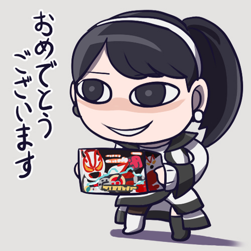 1girl, black_gloves, full_body, gloves, japanese_text, kamen_rider, kamen_rider_geats_(series), lowres, n-master, ponytail, smile, solo, tsumuri_(kamen_rider_geats)