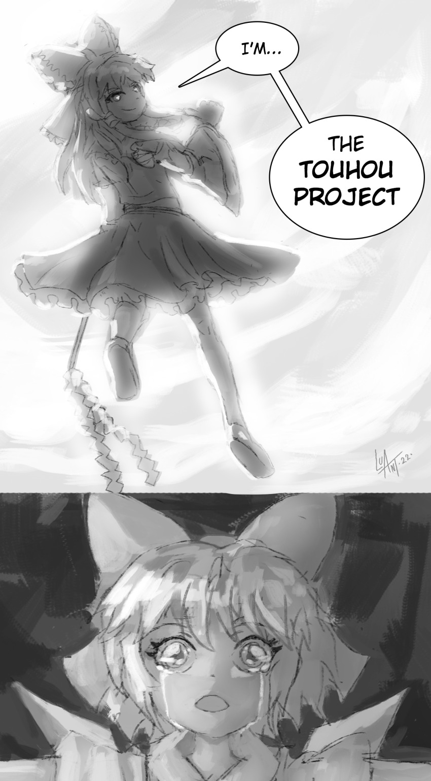 2girls, 2koma, absurdres, bow, cirno, comic, copyright_name, crying
