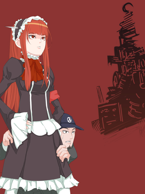 1boy, 1girl, armband, atlus, ghost-q, hat, hiding, iori_junpei