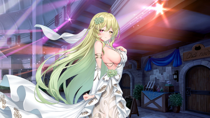 1girl, breasts, dmm, dress, green_hair, hair_ornament, heterochromia, large_breasts, minashigo_x, sideboob, smile, solo, tagme