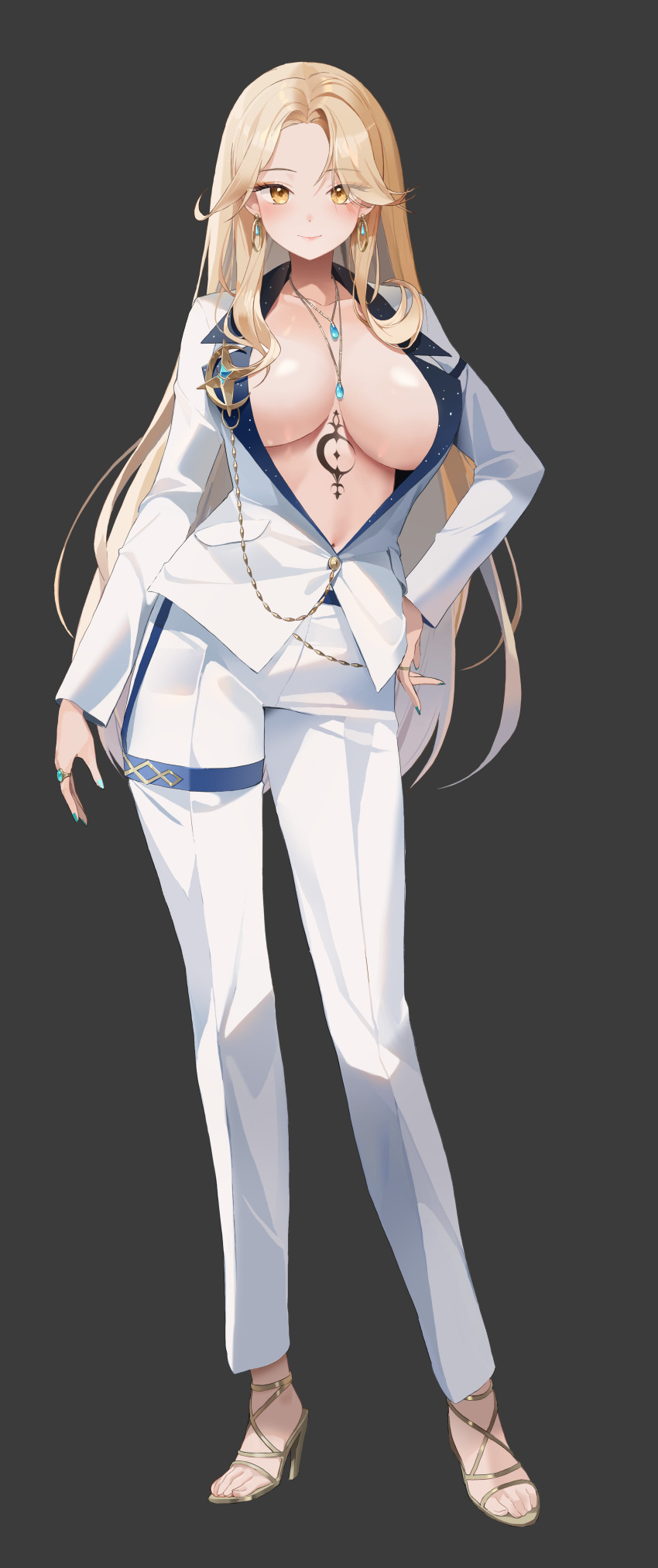 1girl, absurdres, blonde_hair, breasts, breasts_apart, choyeon, collarbone, contrapposto, earrings, full_body, hand_on_own_hip, high_heels, highres, hoop_earrings, jacket, jewelry, large_breasts, long_hair, long_sleeves, looking_at_viewer, luxeed_(vrecord), nail_polish, navel, necklace, no_bra, open_clothes, open_jacket, open_shoes, pants, parted_bangs, ring, simple_background, smile, solo, standing, thigh_strap, very_long_hair, virtual_youtuber, vrecord, white_jacket, white_pants, yellow_eyes
