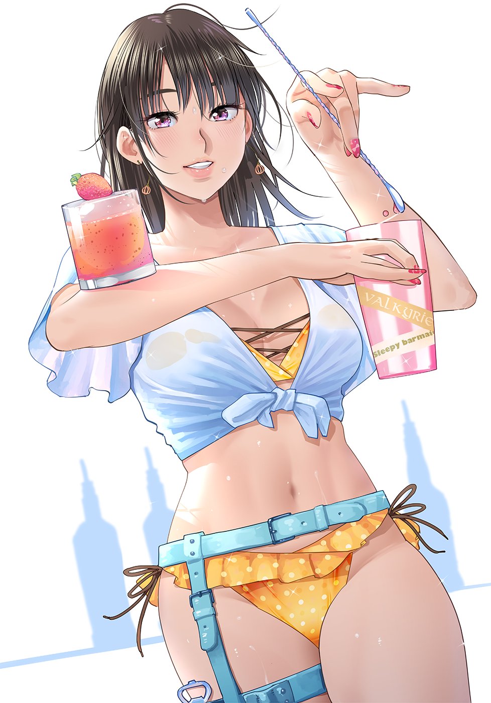 1girl, belt, bikini, blue_belt, blue_garter_belt, blush, breasts, brown_hair