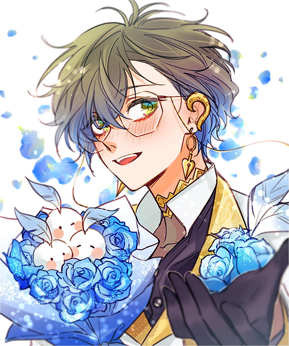 1boy, black_gloves, black_shirt, blue_eyes, blue_flower, blue_hair, blurry, blurry_background, bokeh, bouquet, buchohansom, buttons, depth_of_field, dress_shirt, earrings, eyewear_strap, falling_petals, flower, glasses, gloves, gradient_hair, green_eyes, green_hair, highres, ike_eveland, jewelry, looking_at_viewer, male_focus, multicolored_eyes, multicolored_hair, nijisanji, nijisanji_en, open_mouth, outstretched_hand, petals, quilldren_(ike_eveland), round_eyewear, shirt, simple_background, solo, teeth, upper_body, upper_teeth_only, virtual_youtuber
