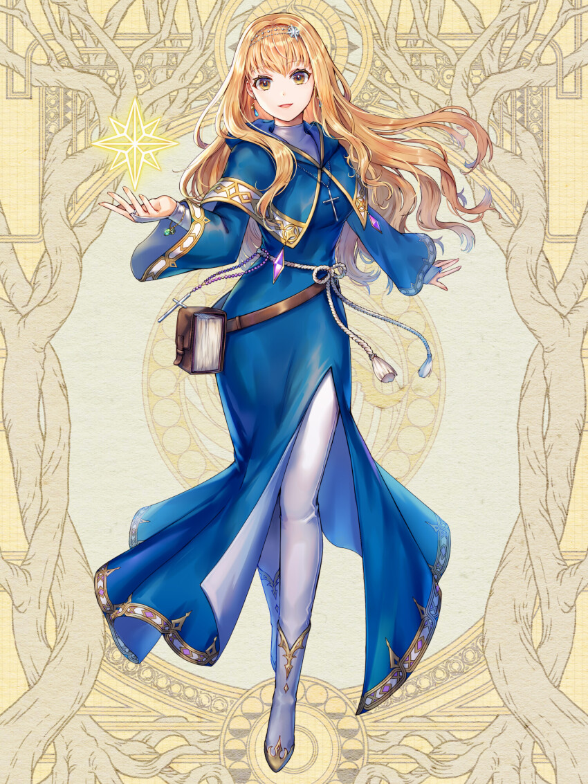 1girl, :d, blonde_hair, blue_dress, book, cross, cross_necklace, dairoku_ryouhei, dress, earrings, erisha_paltier, full_body, hair_ornament, highres, jewelry, kinokiyono, long_hair, long_sleeves, necklace, open_mouth, simple_background, smile, solo, standing, white_footwear, yellow_background, yellow_eyes