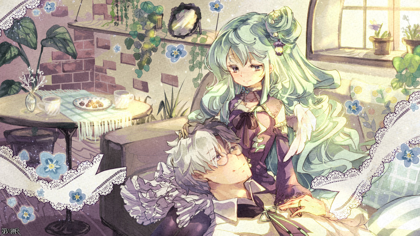 1boy, 1girl, black_hair, couch, cup, dairoku_ryouhei, day, facial_hair, flower, glasses, green_hair, harenochi_hareta, highres, holding_hands, indoors, jewelry, long_hair, lying, multicolored_hair, on_back, plant, plate, potted_plant, ring, shelf, sitting, smile, stubble, table, til_roeve, two-tone_hair, vase, very_long_hair, white_hair, white_wings, wings, wooden_floor