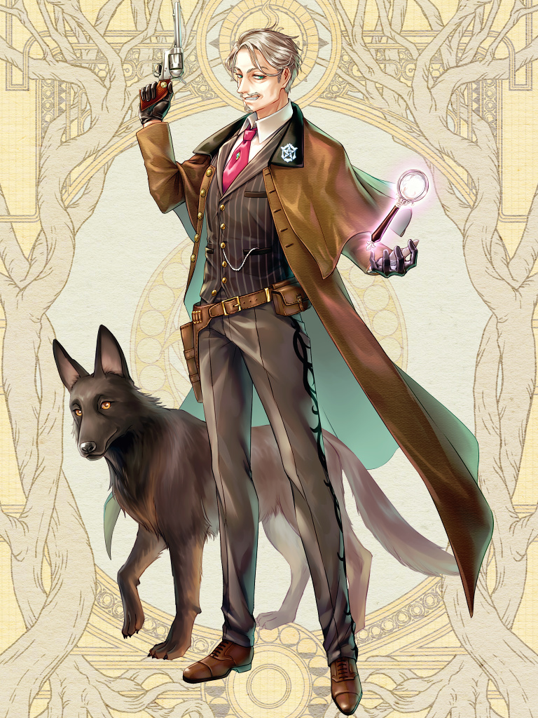 1boy, belt, belt_pouch, black_gloves, black_pants, black_vest, blue_eyes, brown_coat