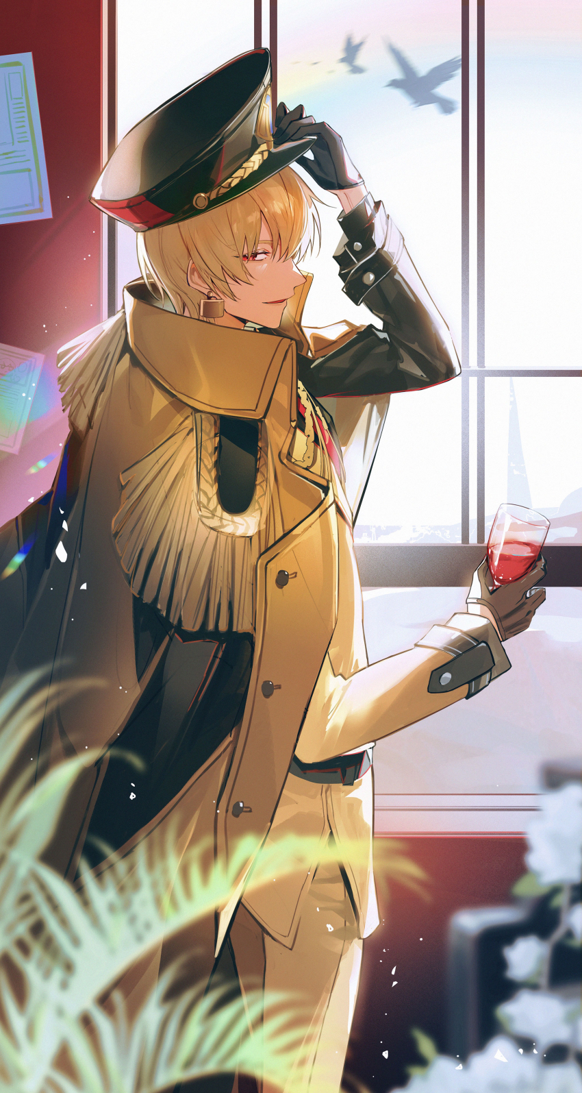 1boy, absurdres, adjusting_clothes, adjusting_headwear, alcohol, black_gloves, blonde_hair, blurry