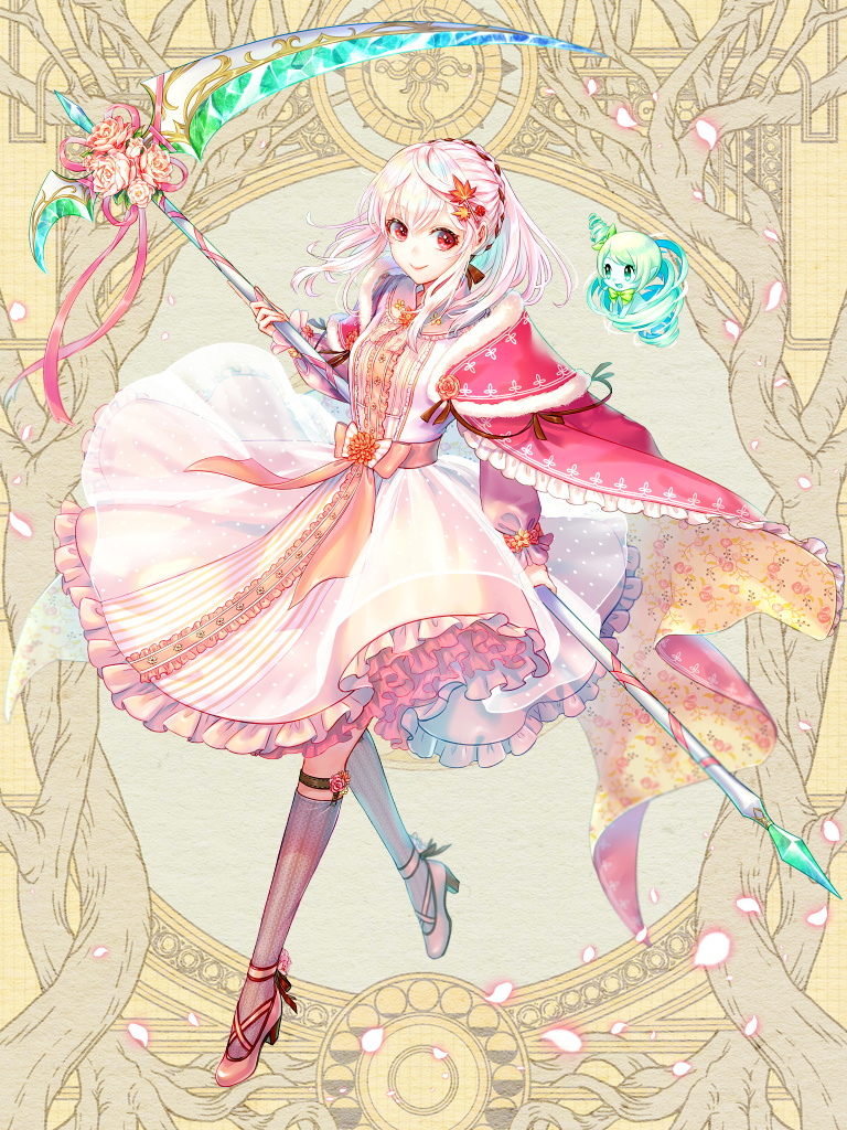 1girl, ankle_flower, braid, capelet, crown_braid, dairoku_ryouhei, dress, fairy, flower, frills, grey_socks, hair_ornament, hair_ribbon, holding, holding_scythe, kinokiyono, knee_strap, kneehighs, leaf_hair_ornament, looking_at_viewer, petals, pink_dress, pink_hair, pink_shoes, red_eyes, ribbon, ribbon_braid, scythe, shoes, smile, socks, solo, standing, yellow_background