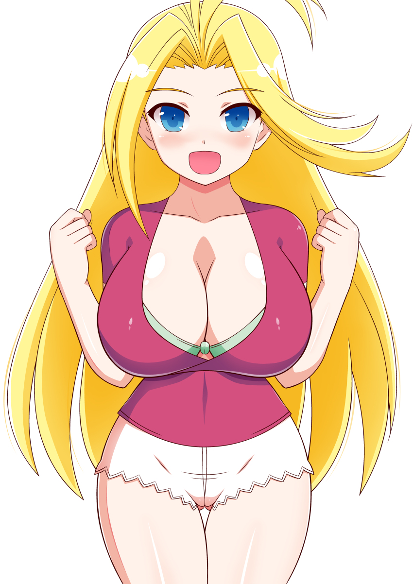 1girl, absurdres, blonde_hair, blue_eyes, bra, breasts, clenched_hands, highres