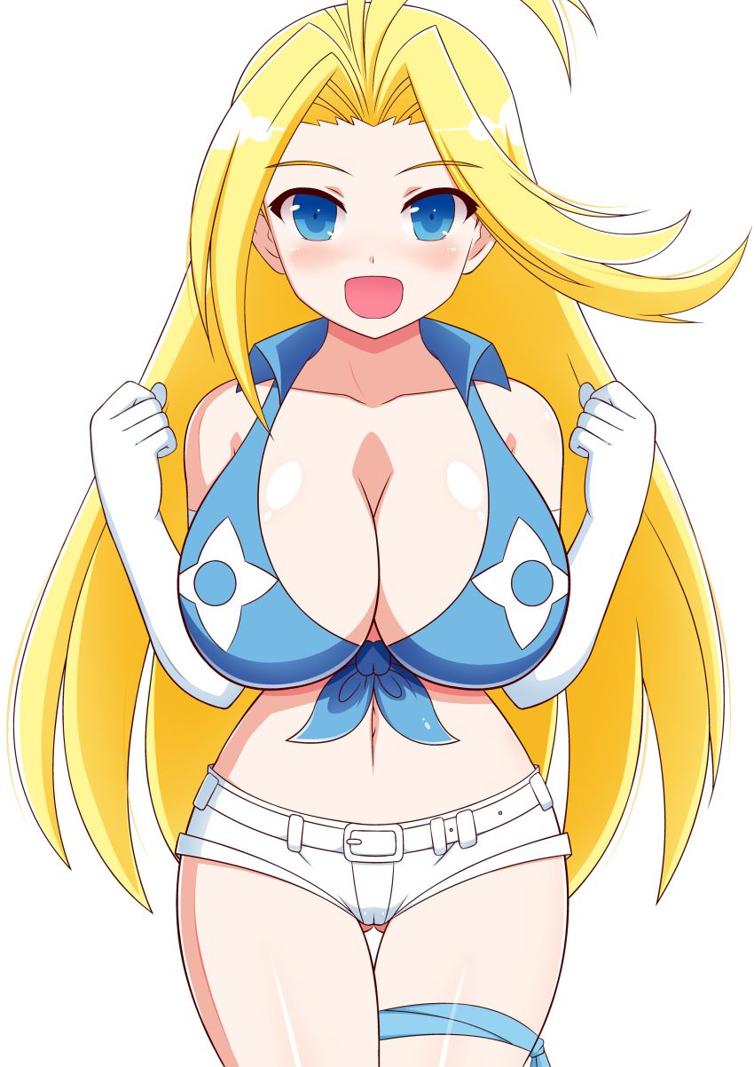 1girl, absurdres, blonde_hair, blue_eyes, bra, breasts, clenched_hands, hair_flaps