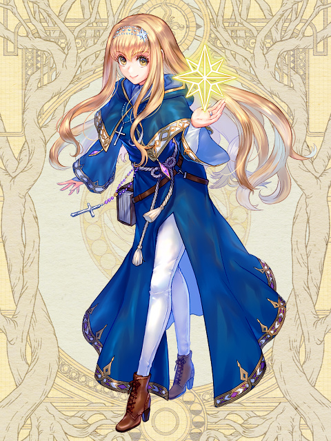 1girl, blonde_hair, blue_dress, book, brown_footwear, cross, cross_necklace, dairoku_ryouhei, dress, erisha_paltier, full_body, gold_trim, hair_ornament, jewelry, kinokiyono, long_hair, long_sleeves, necklace, pants, ring, simple_background, smile, solo, standing, white_pants, yellow_background, yellow_eyes