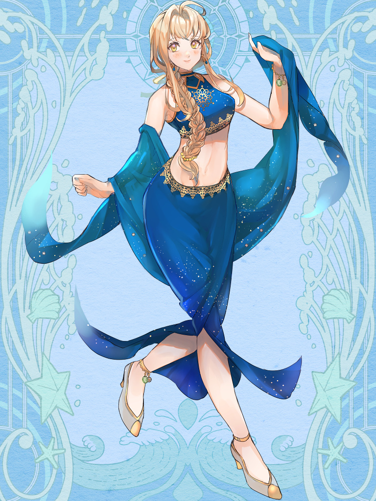 1girl, ahoge, blue_background, blush, bracelet, braid, breasts, dairoku_ryouhei