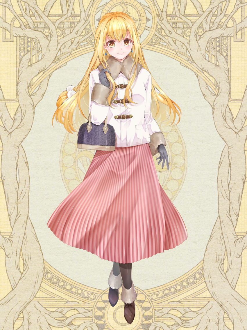 1girl, bag, black_gloves, blonde_hair, braid, brown_footwear, coat, dairoku_ryouhei