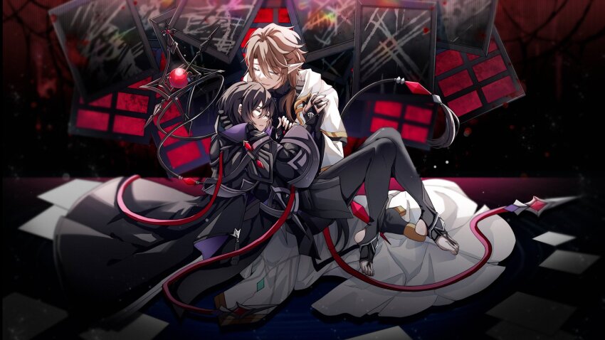 2boys, black_gloves, black_hair, brown_hair, checkered_floor, clamor_(elsword), closed_eyes, closed_mouth