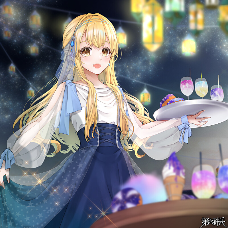 1girl, :d, blonde_hair, blue_skirt, blurry, blurry_background, blurry_foreground, dairoku_ryouhei