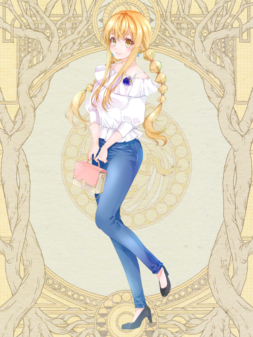 1girl, bag, black_footwear, blush, braid, casual, dairoku_ryouhei, denim