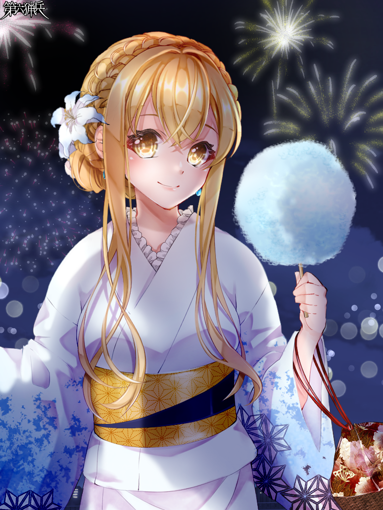 1girl, aerial_fireworks, blonde_hair, braid, cotton_candy, dairoku_ryouhei, erisha_paltier, festival